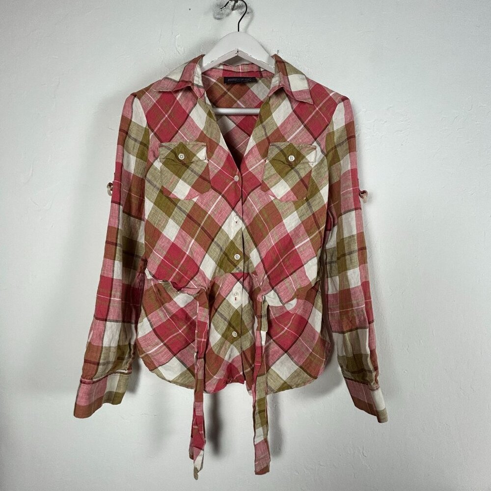 Jones New York Signature Womens Linen Plaid Tie-Front Shirt Small Red Cabincore